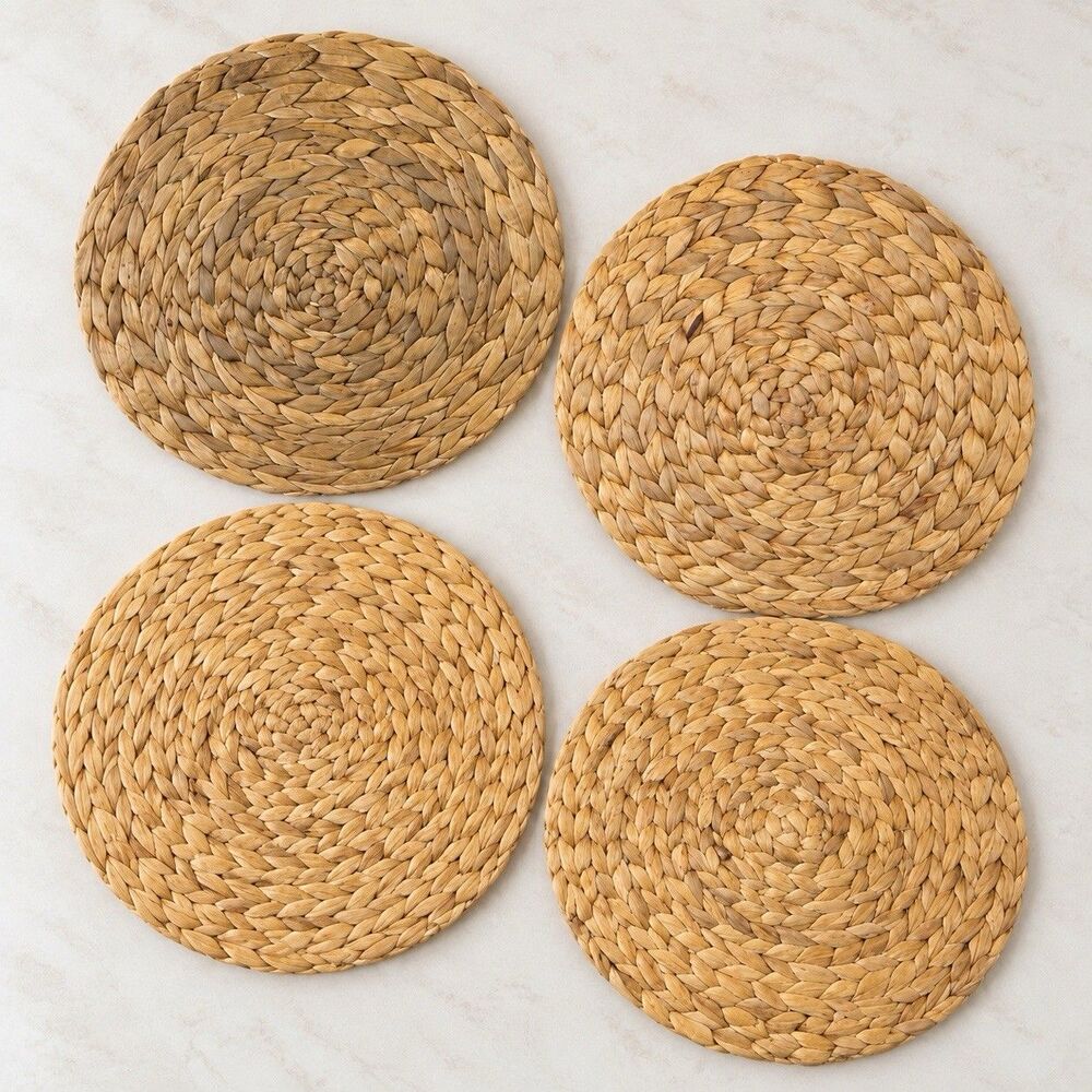 Set of 4 Round Woven Natural Fiber Place Mats 12 Inch Boho Coastal Table Setting